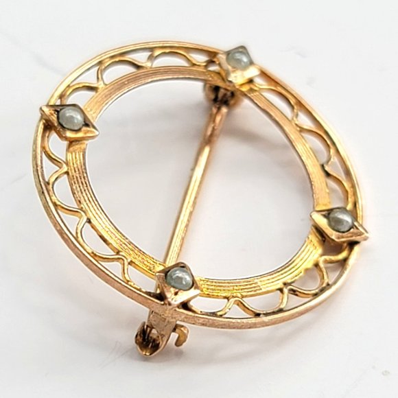 Antique Krementz 10k Gold Pin Brooch Round Seed Pearl Scalloped Double Lattice C - Picture 4 of 6